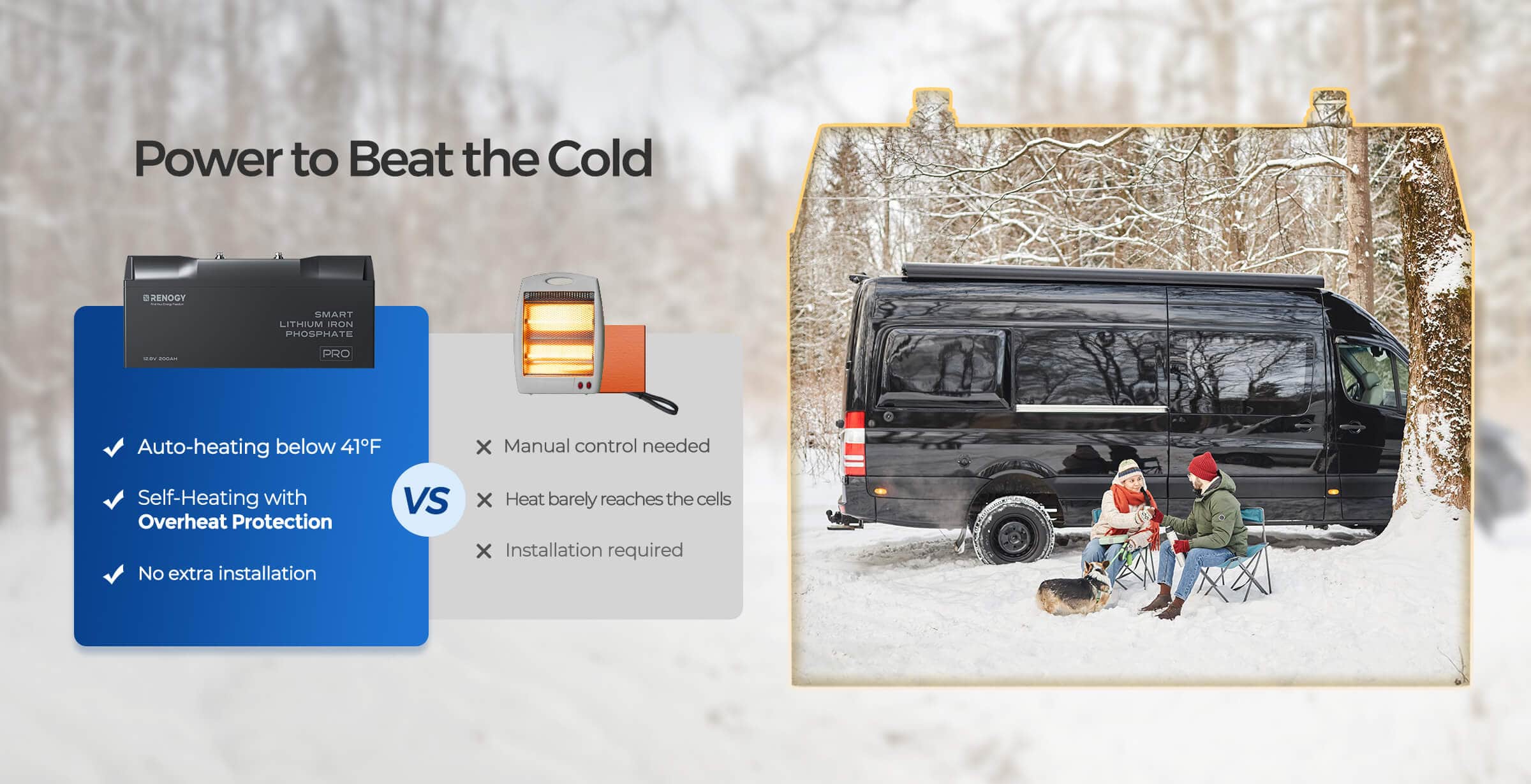 12V 200Ah Pro Deep Cycle Lithium Iron Phosphate Battery w/Bluetooth & Self-heating Function 11 Brave the Cold for Winter Journeys